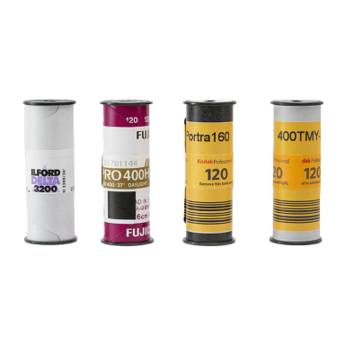 120 Films Four rolls of medium format film in various packaging designs.