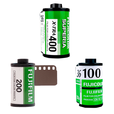 Fujifilm Three rolls of Fujifilm: X-tra 400, Fujicolor 200, and Fujicolor 100, with a film strip.