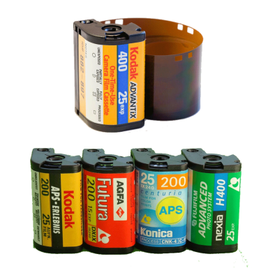 APS Films Variety of film canisters including Kodak and Agfa, with one canister unwrapped.