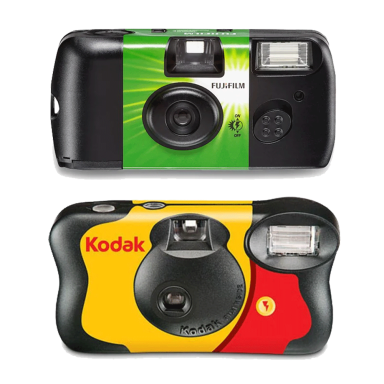 Disposables Two vintage film cameras, one green and black, the other yellow and black with Kodak branding.